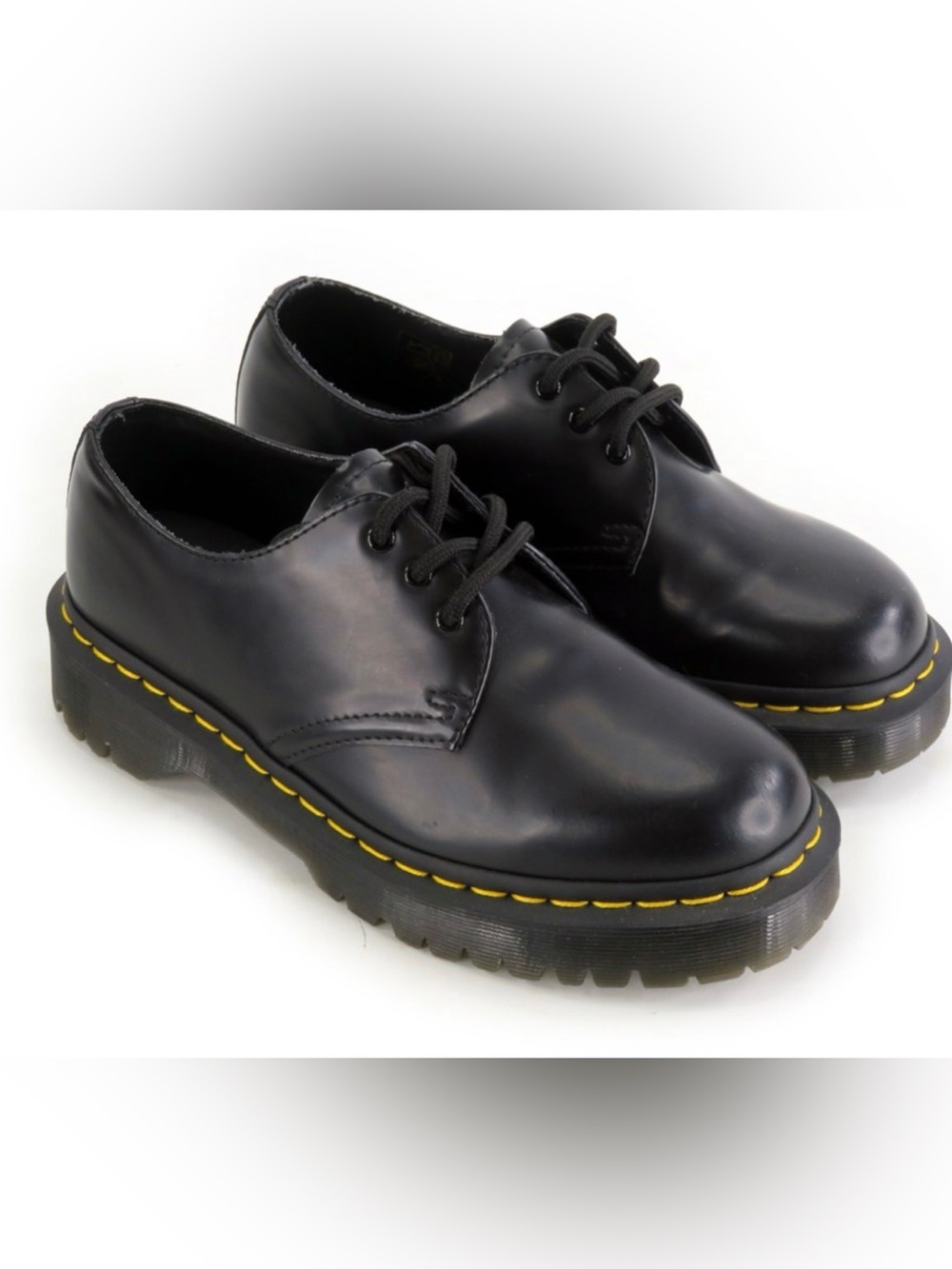 Dr. Martens Black Leather 3-Eye Derby Shoes with Yellow Stitch women’s size 7